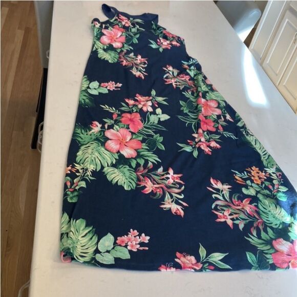 Tommy Bahama Hibiscus Flower Navy Hawalian Built in Bra Cotton Maxi Dress Small - Picture 2 of 7
